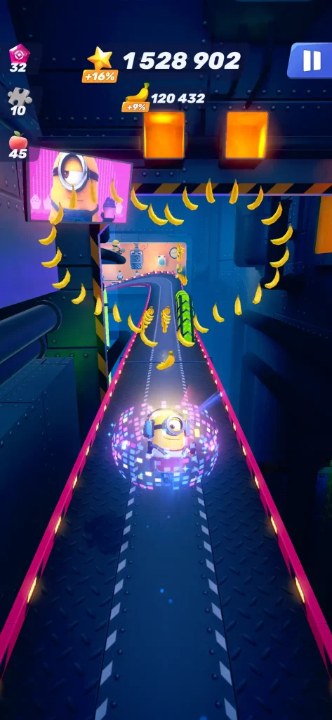 Minion running through a glowing tunnel collecting bananas in Minion Rush endless runner gameplay.