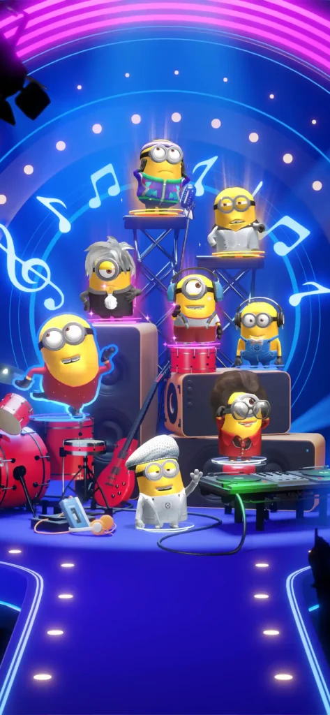 Group of Minions performing on a neon music stage in Minion Rush Mod APK with colorful costumes and glowing lights.