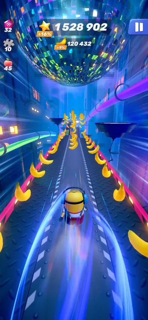 Minion running fast under disco lights collecting bananas