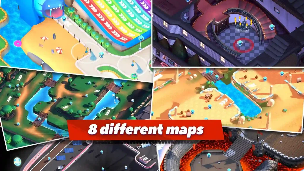 Crash of Cars APK showing eight different maps with colorful arenas, rivers, and lava tracks where players battle for crowns.