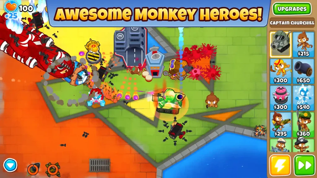 featuring awesome monkey heroes using special abilities to stop large balloon waves across the map.