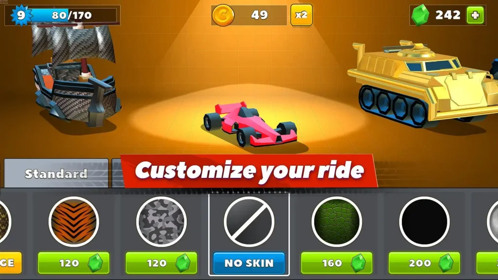 Crash of Cars MOD APK customization screen with different vehicles and skins using coins and gems to upgrade your ride.