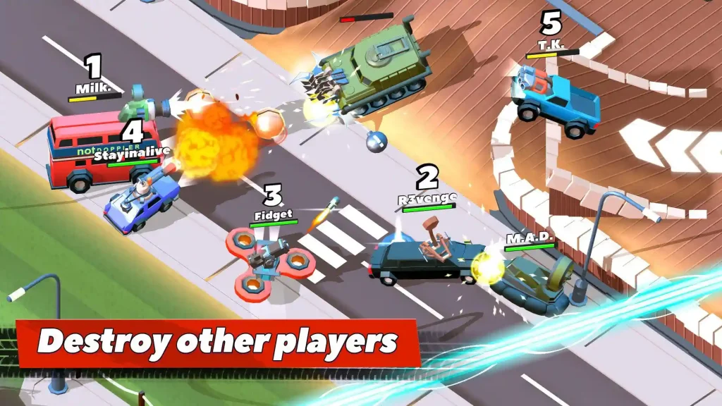real-time multiplayer battle showing cars attacking each other with weapons to collect crowns.