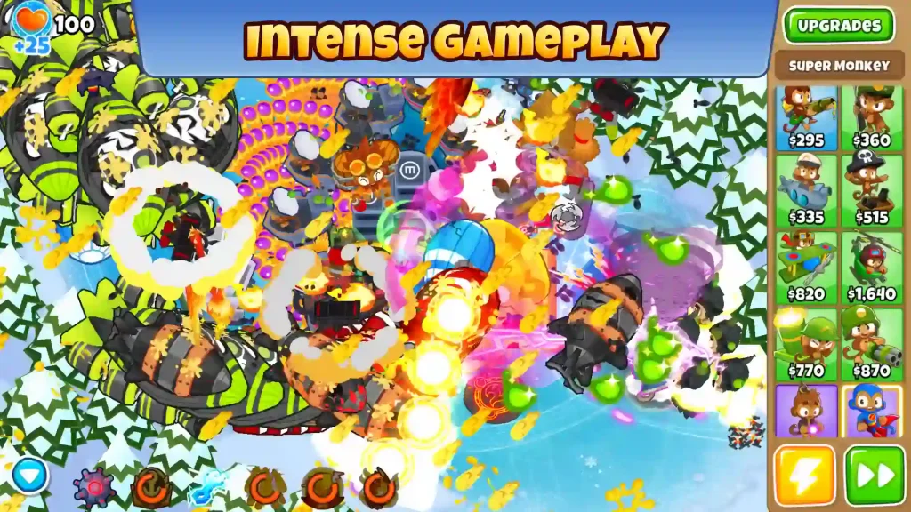 intense gameplay showing monkey towers attacking waves of colorful balloons on a packed map.