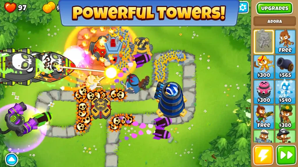 Powerful monkey towers and turrets destroying balloons in Bloons TD 6 Mod APK with bright effects and upgraded defenses.