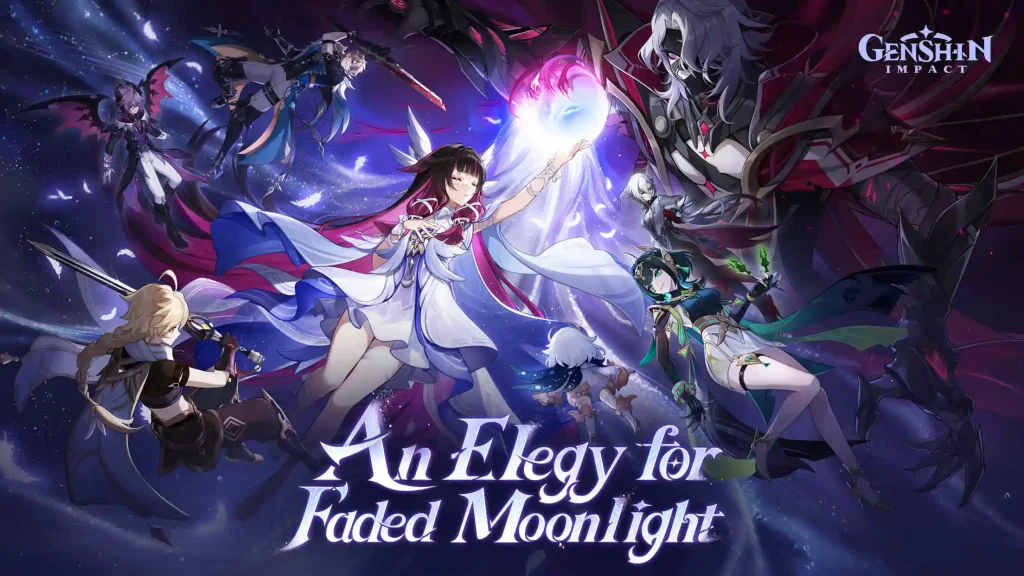 Official Genshin Impact artwork showing several characters battling in a magical night sky theme for the event “An Elegy for Faded Moonlight.”