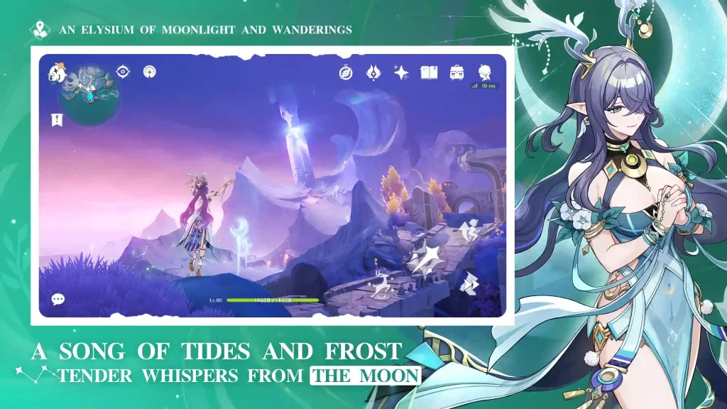 A Genshin Impact character standing in a moonlit landscape with glowing blue structures, capturing the serene world of tides and frost.