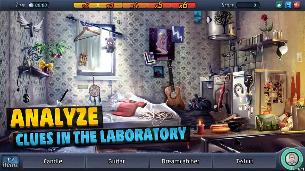 A detailed bedroom crime scene in Criminal Case showing hidden objects, evidence, and the message “Analyze clues in the laboratory” on screen.