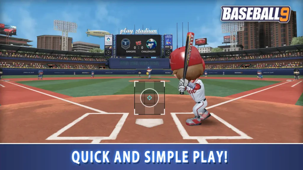 Player preparing to swing at a pitch in the Baseball 9 MOD APK stadium with a simple play interface.