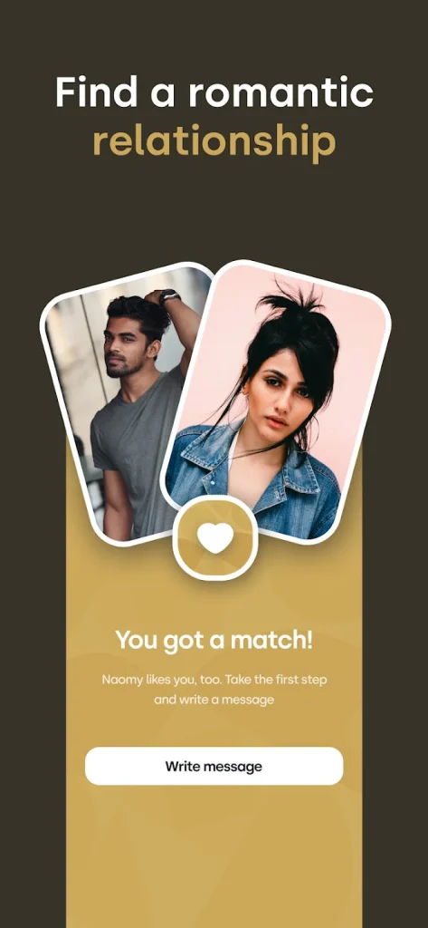 Bloom dating app match notification showing two users matched together, encouraging them to send a message and begin a romantic relationship.