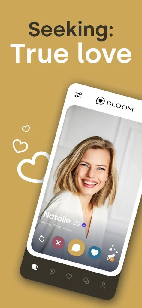 Bloom app interface showing Natalie’s verified profile with swipe options, promoting true love search and meaningful connections.