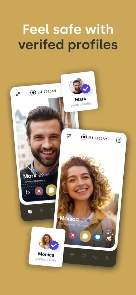 Bloom dating app showing verified profiles of users Mark and Monica, highlighting safety features and trust badges for secure online dating.