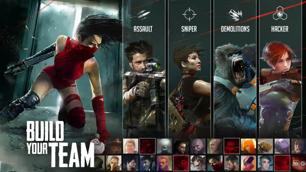 Characters lineup showing assault, sniper, demolitions, and hacker roles in Cover Fire
