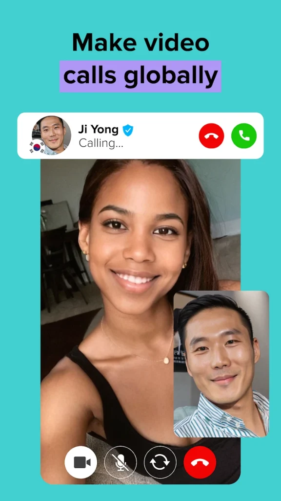 A woman smiling during a video call on the Bumpy app while receiving an incoming call from another user, showing the global video calling feature.