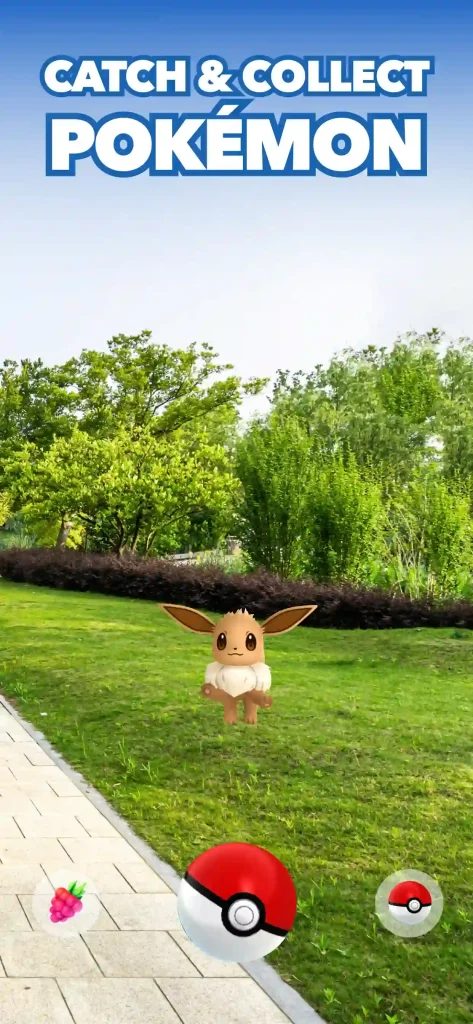 A Pokémon GO screenshot showing Eevee in augmented reality mode with a Poké Ball and a berry on a grassy park pathway.