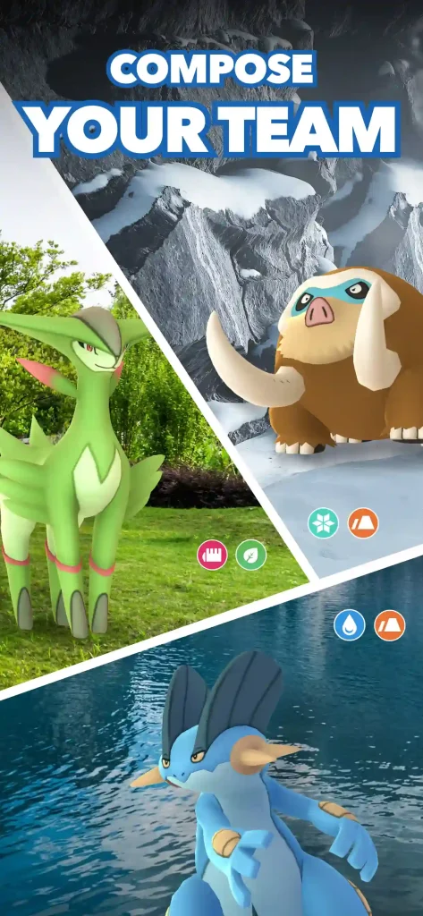 A Pokémon GO promotional image showing Virizion, Mamoswine, and Swampert in different environments with the text “Compose Your Team.”