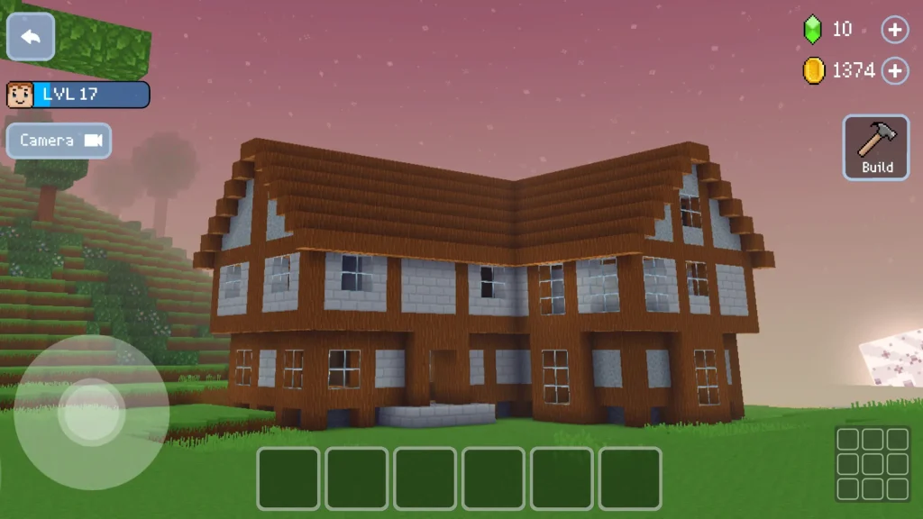 Large wooden and stone house built during sunset in Block Craft 3D MOD APK, showcasing detailed 3D building graphics.