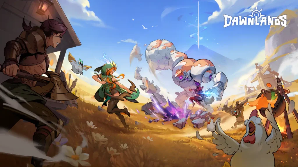A group of Dawnlands heroes fighting a giant stone golem in a bright open field, with flying creatures, dust effects, and animated action.