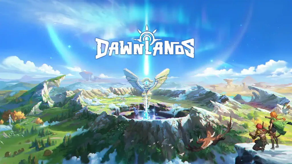 A wide landscape shot of the Dawnlands world featuring mountains, green valleys, a sky beam, and characters overlooking the open-world environment.