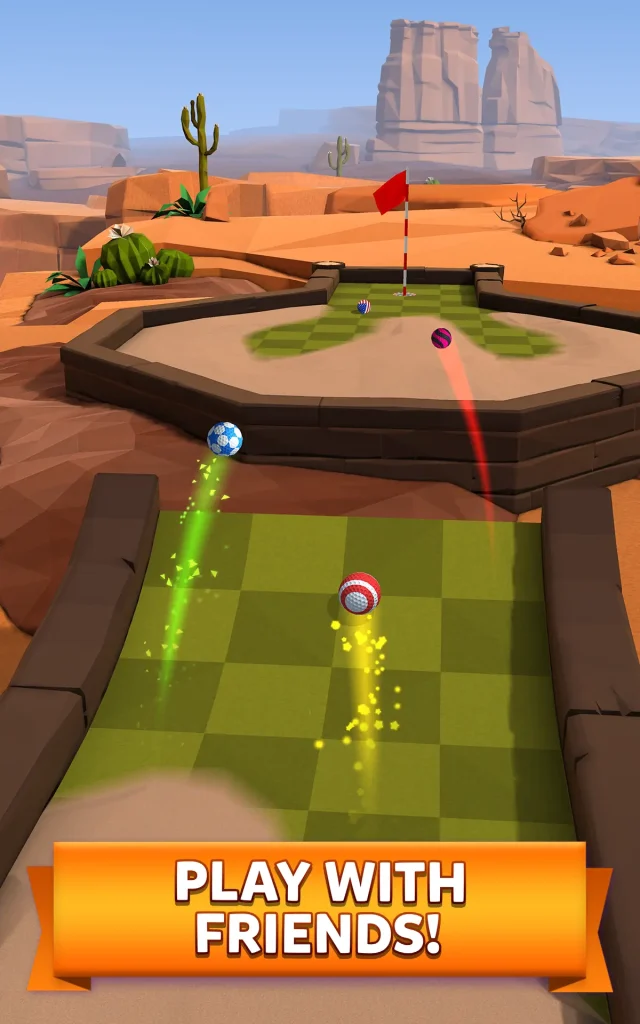 Golf balls rolling toward the hole on a desert-themed course with cactus and rocky terrain in Golf Battle.