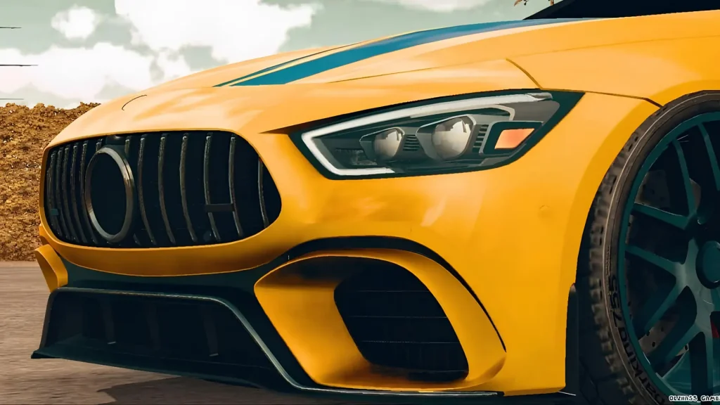 Close-up shot of a yellow sports car’s front bumper, grille, and headlights inside Car Parking Multiplayer, highlighting visual detail.