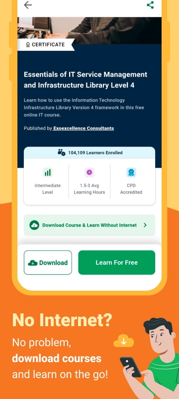 Screenshot of the Alison app showing the “Essentials of IT Service Management and Infrastructure Library Level 4” course with download options, CPD accreditation icons, and offline learning features.