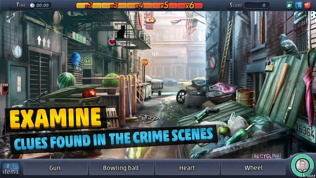 An alley crime scene from Criminal Case featuring scattered items, hidden objects, and the message “Examine clues found in the crime scenes.”