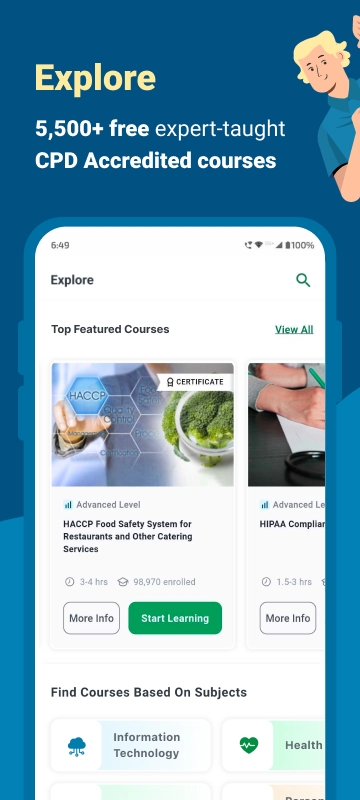 Alison app explore section displaying top featured courses, advanced learning levels, and subject-based filters with a clean interface.