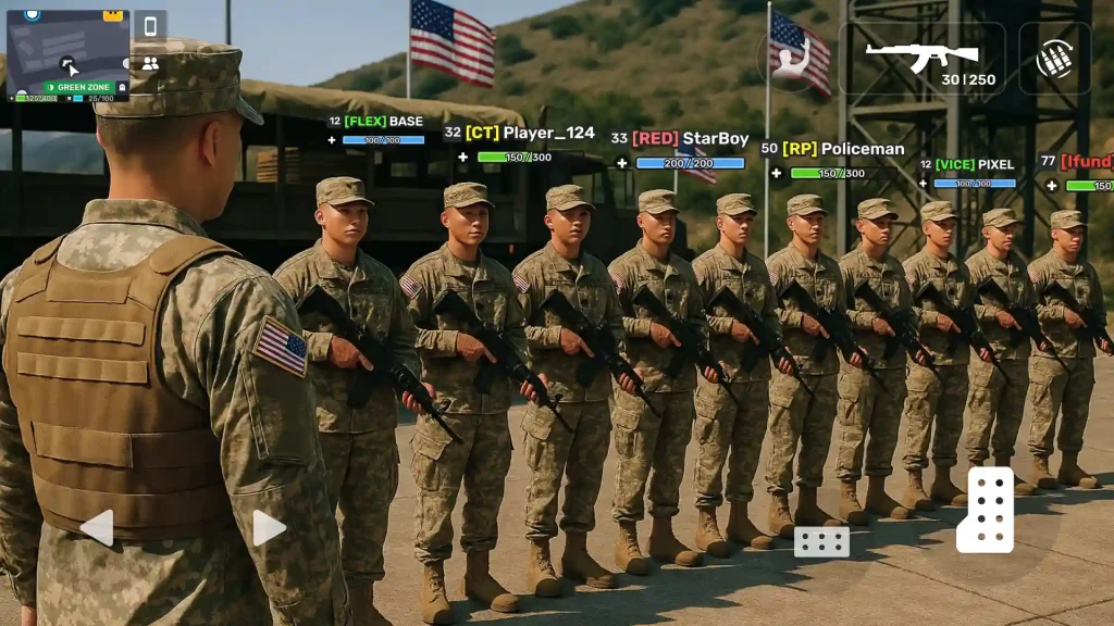 A row of soldiers standing in formation with rifles during a military roleplay event inside Flex City, showing player names and health bars.