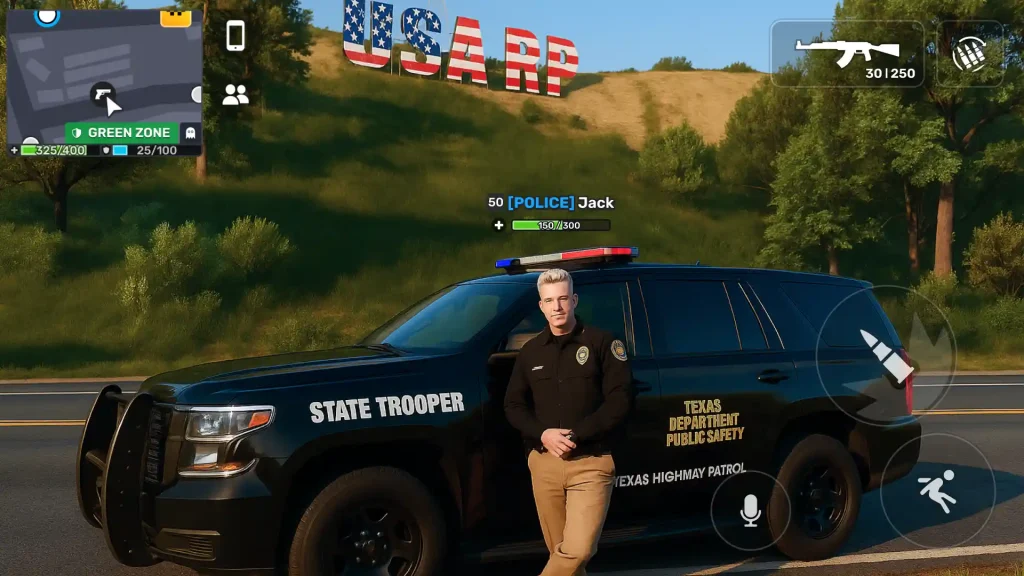 A police officer standing beside a Texas Department of Public Safety patrol SUV during a roleplay session in Flex City with USA RP signage visible on the hill.