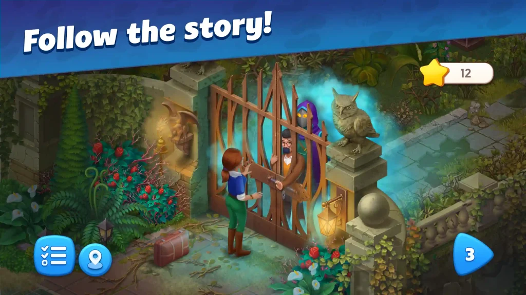 A girl meeting a mysterious man behind the gate of an old manor in Mystery Matters