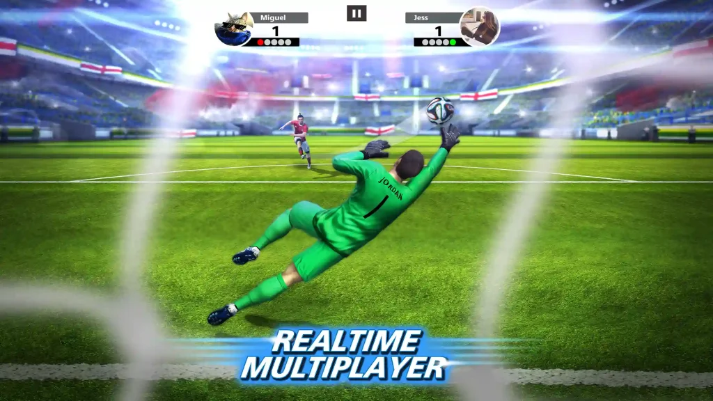Goalkeeper diving to save a shot during a real-time multiplayer match in Football Strike