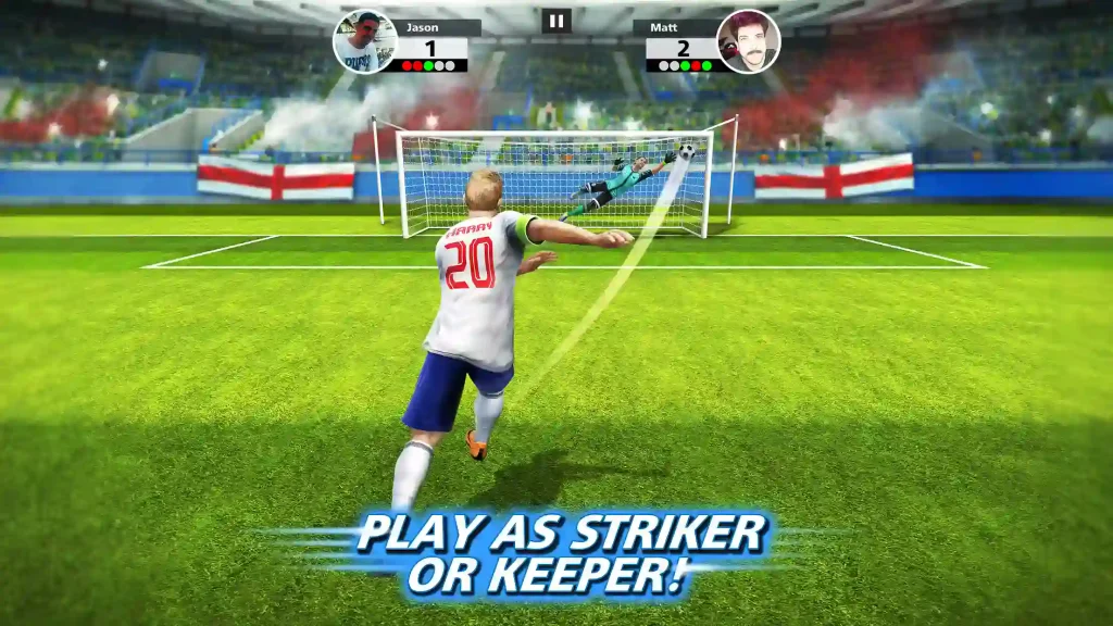 Striker taking a curved shot while the keeper attempts a save in Football Strike