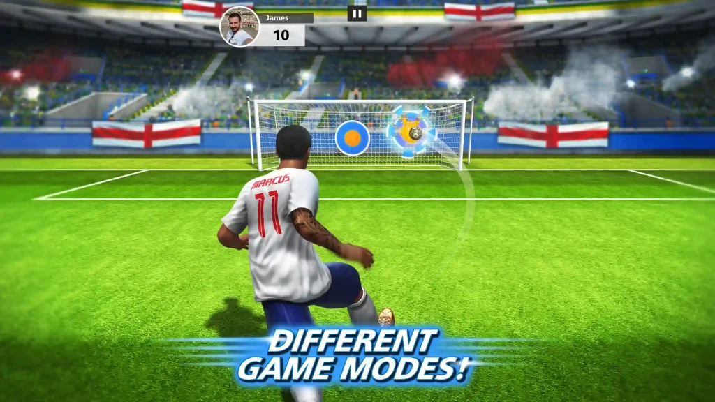 Player aiming a free-kick at target zones inside a stadium in Football Strike