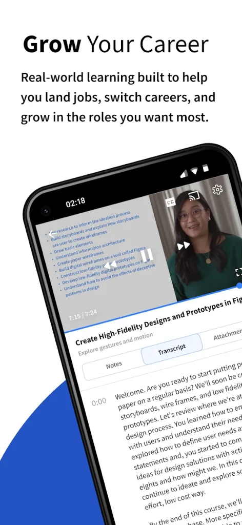 Screenshot of a Coursera course featuring a female instructor, video transcript, and practical learning tools designed to help users grow their careers.
