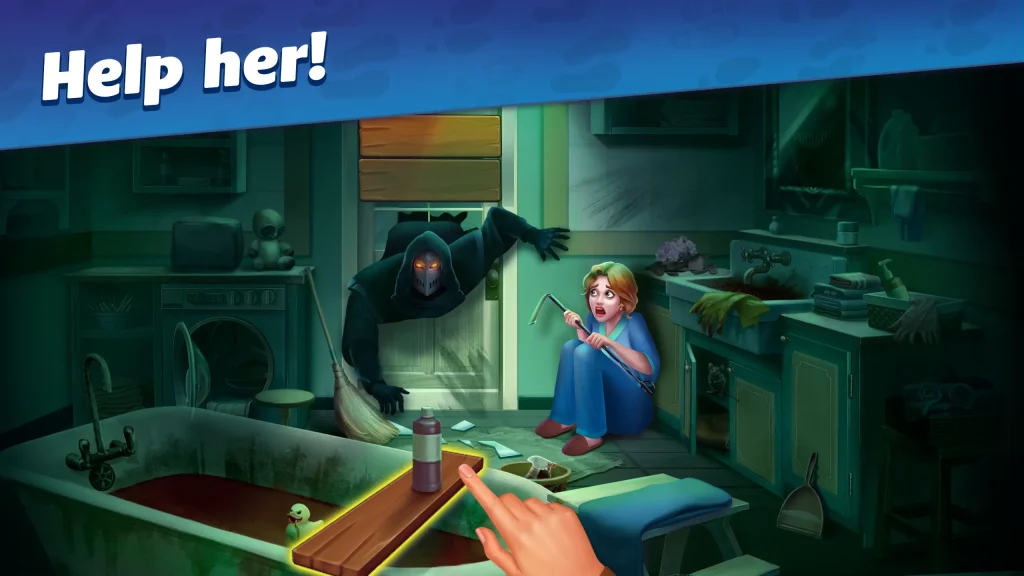 A woman hiding on the bathroom floor as a masked intruder crawls through the door in Mystery Matters MOD APK.