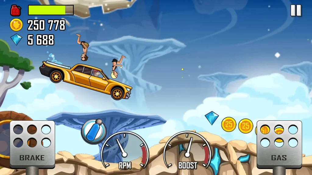 A golden car performing a jump with two characters flipping in the air in Hill Climb Racing, showing coins and diamonds collected during gameplay.