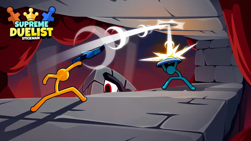 A yellow stickman and a blue stickman clashing with laser weapons inside a dark arena in Supreme Duelist Stickman.