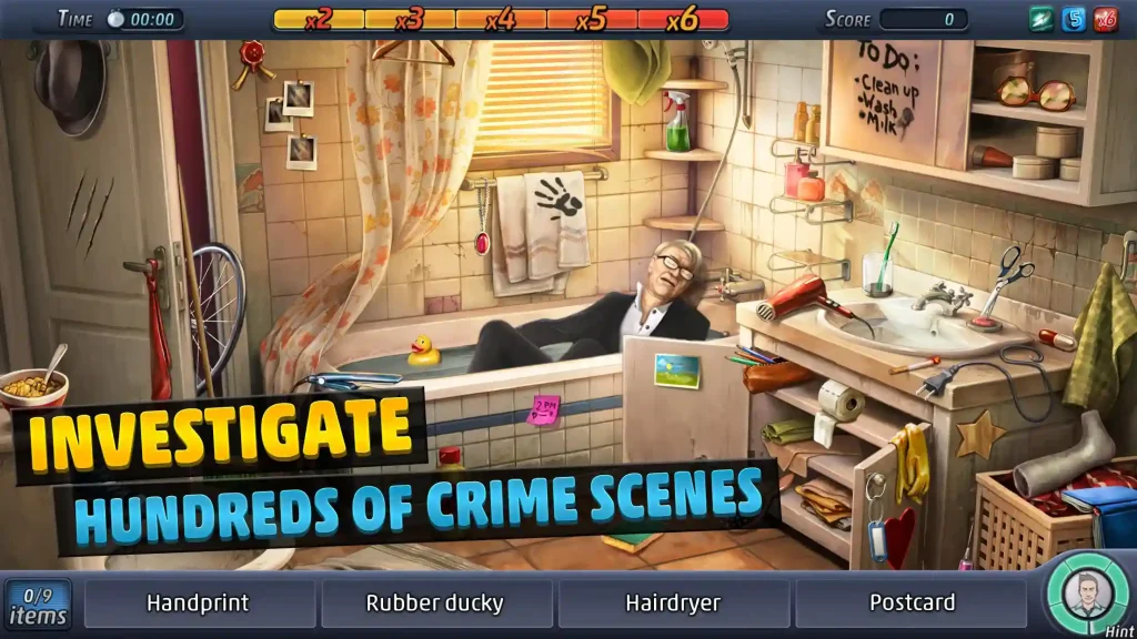 A bathroom murder scene in Criminal Case showing a victim in the bathtub, hidden objects, and the message “Investigate hundreds of crime scenes.”