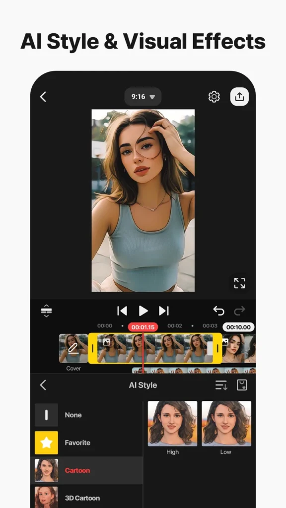 KineMaster editing screen showing AI style filters and cartoon effects applied to a video clip in the mobile video editor.