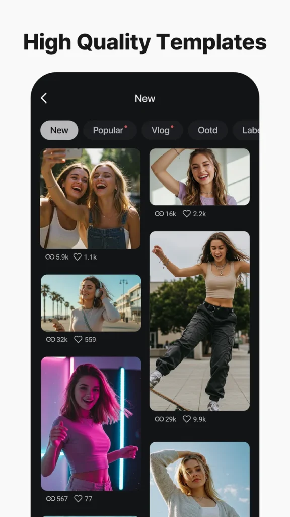 KineMaster template gallery displaying popular vlog and aesthetic templates available for mobile video editing.