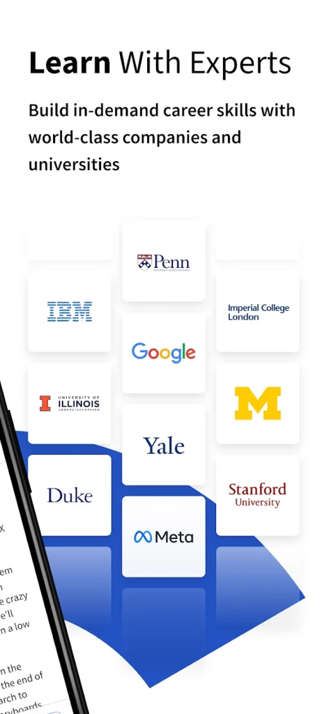 Coursera mobile app display showcasing expert instructors from global universities and companies including Google, IBM, Yale, Duke, Meta, and Stanford.