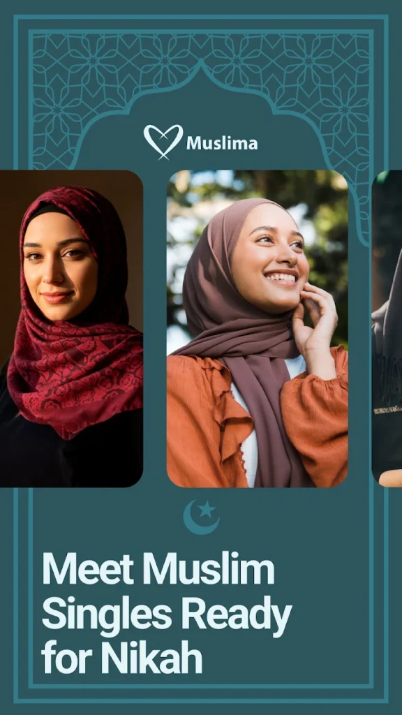 Muslima promotional banner featuring Muslim women with hijabs, encouraging users to meet Muslim singles ready for Nikah.
