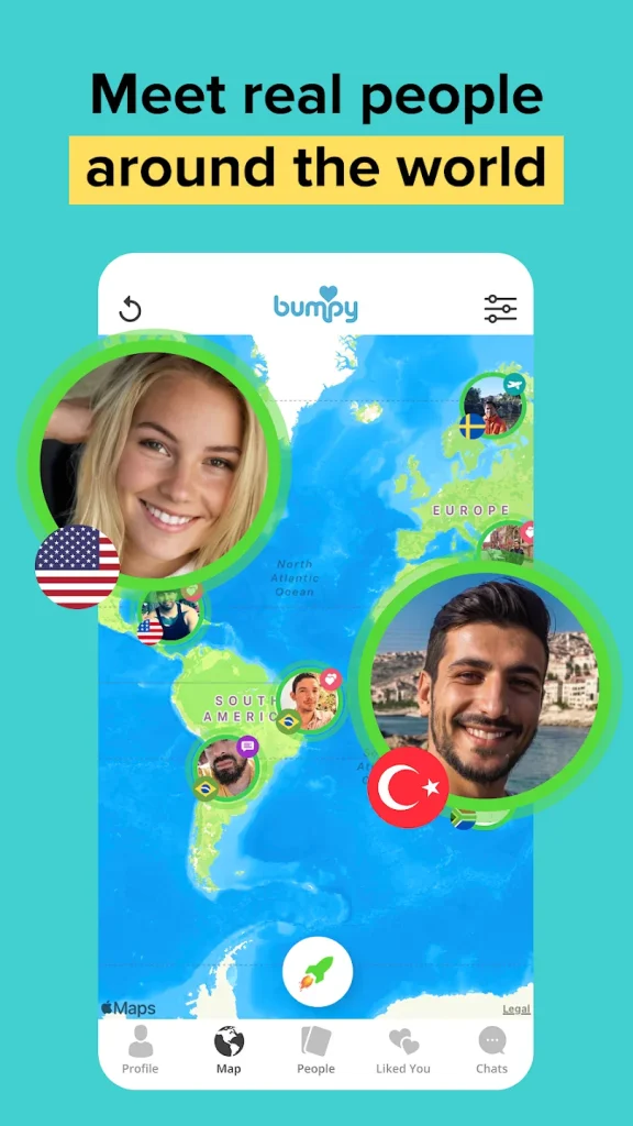 Bumpy app map interface showing users from different countries around the world, highlighting global matchmaking and international connections.