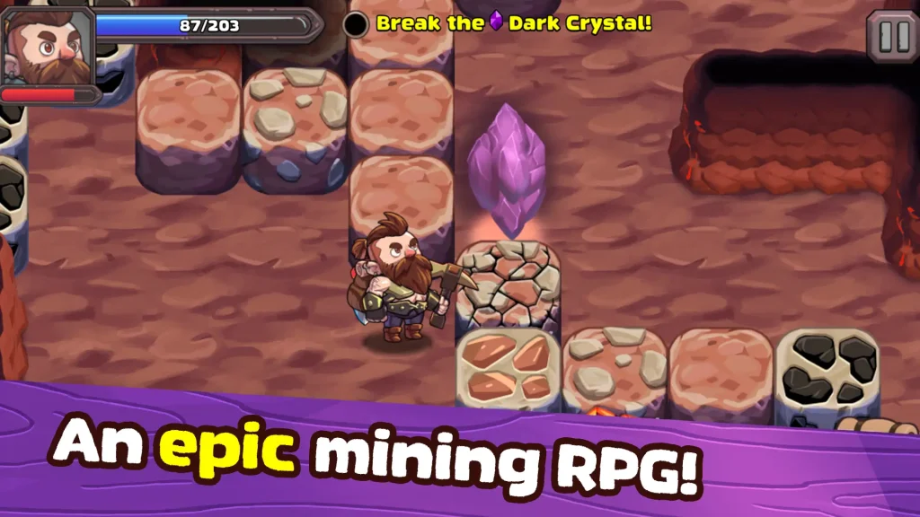 A dwarf miner breaking rocks and collecting crystals during a mining adventure in Mine Quest 2’s underground dungeon.