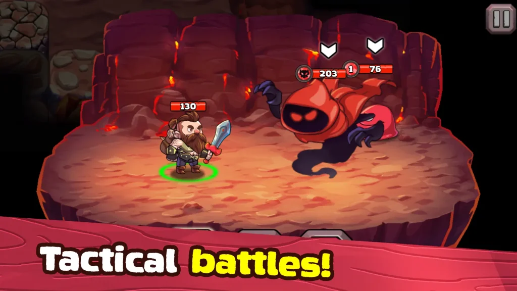 A dwarf warrior fighting a shadow monster in a turn-based battle inside a fiery dungeon in Mine Quest 2.