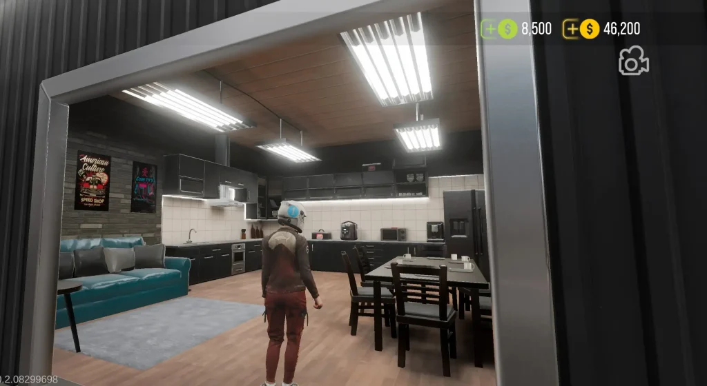 A player standing inside a detailed apartment with a kitchen, dining table, sofa, and bright ceiling lights in Car Parking Multiplayer 2.
