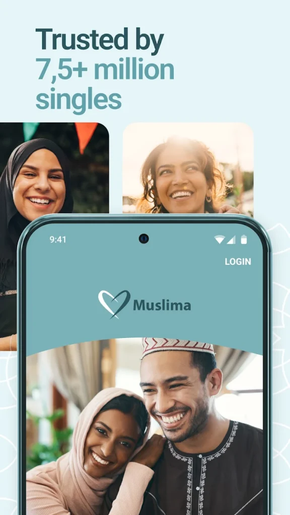 Muslima app welcome screen with smiling Muslim singles, promoting its reputation as a platform trusted by over 7.5 million users.