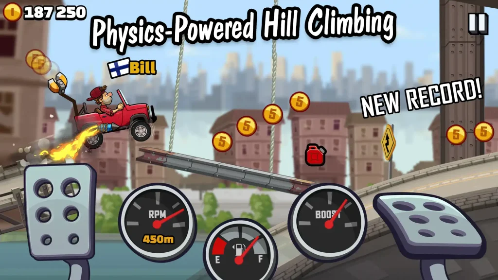 A red jeep driving uphill in Hill Climb Racing 2 while collecting coins, showing RPM, fuel, and boost gauges during gameplay.