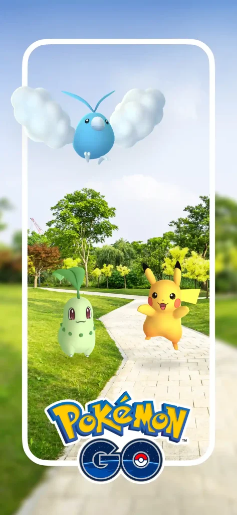 A Pokémon GO AR image showing Pikachu, Chikorita, and Swablu appearing in a bright outdoor park environment with the Pokémon GO logo displayed.